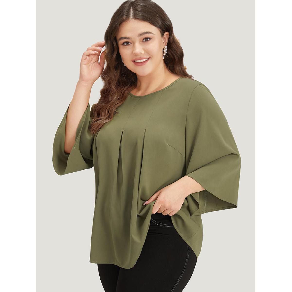 Plus Size ArmyGreen Plain Pleated Detail Bell Sleeve Blouse Women Office Elbow-length sleeve Round Neck Work Blouses BloomChic 22-24/3X Product Image