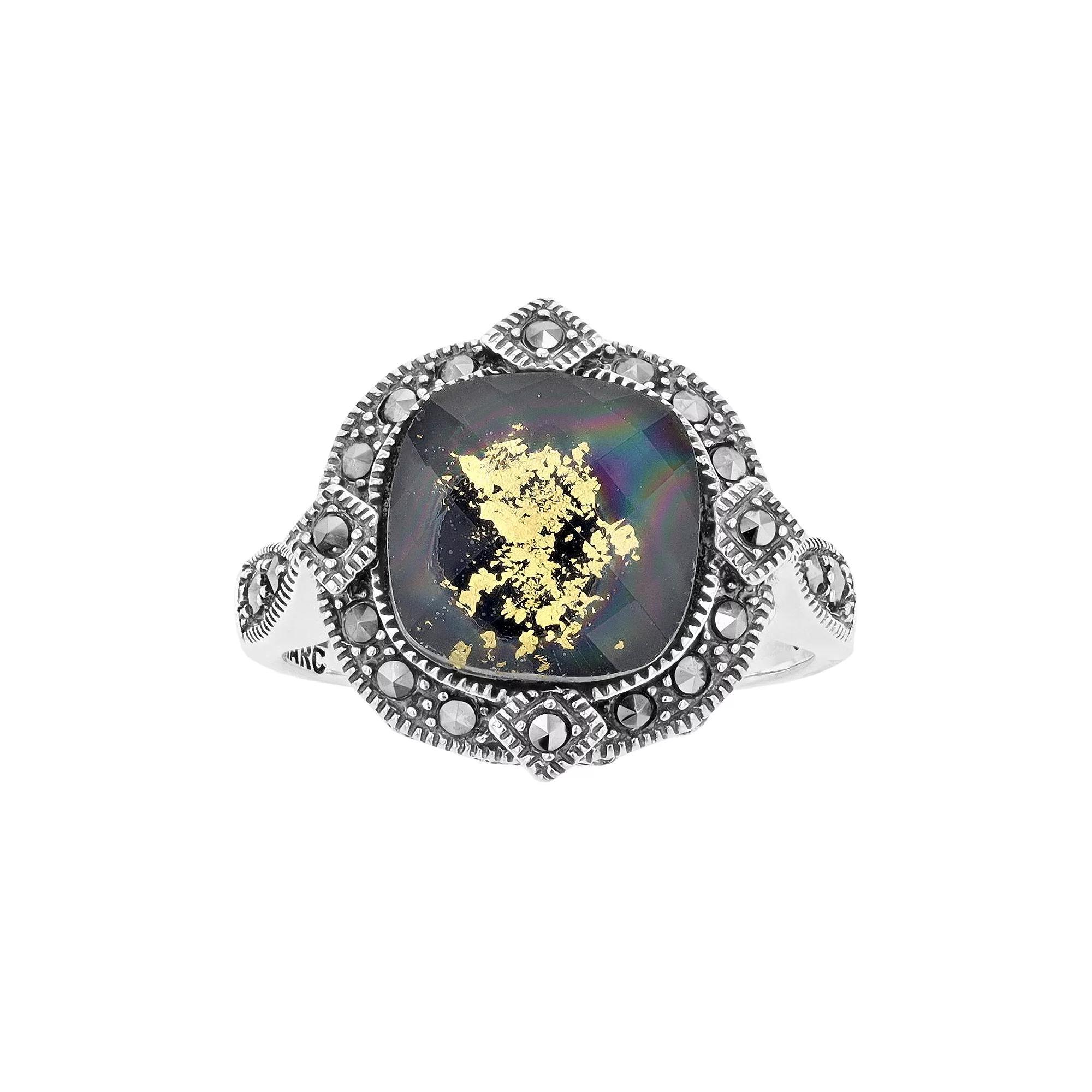 Lavish by TJM Sterling Silver Crystal Gold Leaf Black Onyx Doublet & Marcasite Cushion Ring, Women's, Size: 9 Product Image