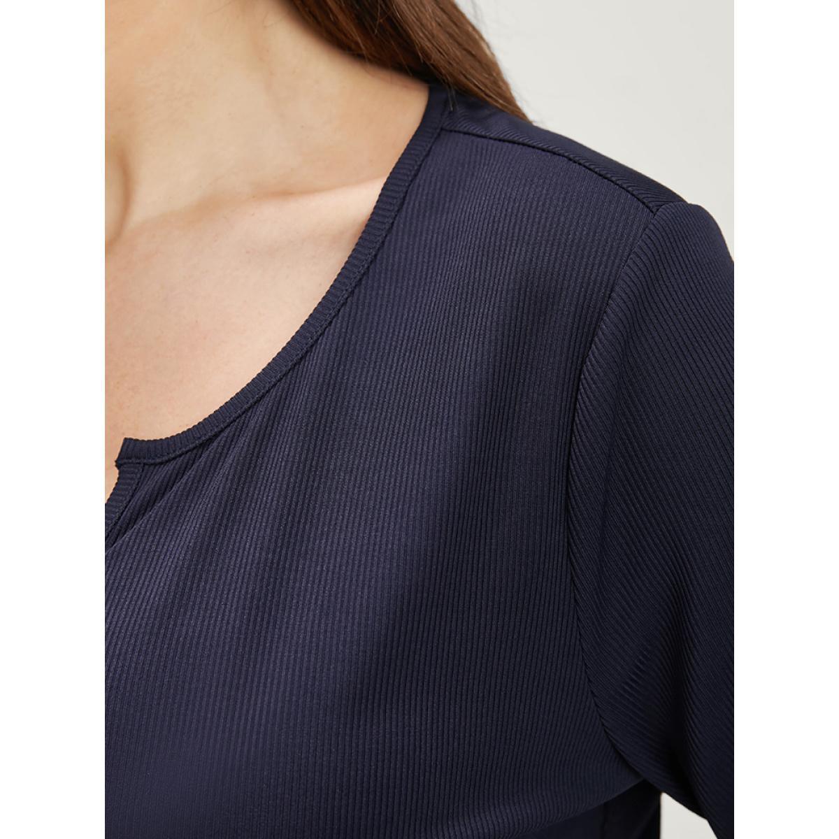 Plus Size Solid Notched Rib Knit Long Tee Midnight Women Elegant Plain V-neck Dailywear T-shirts BloomChic 10/M Product Image