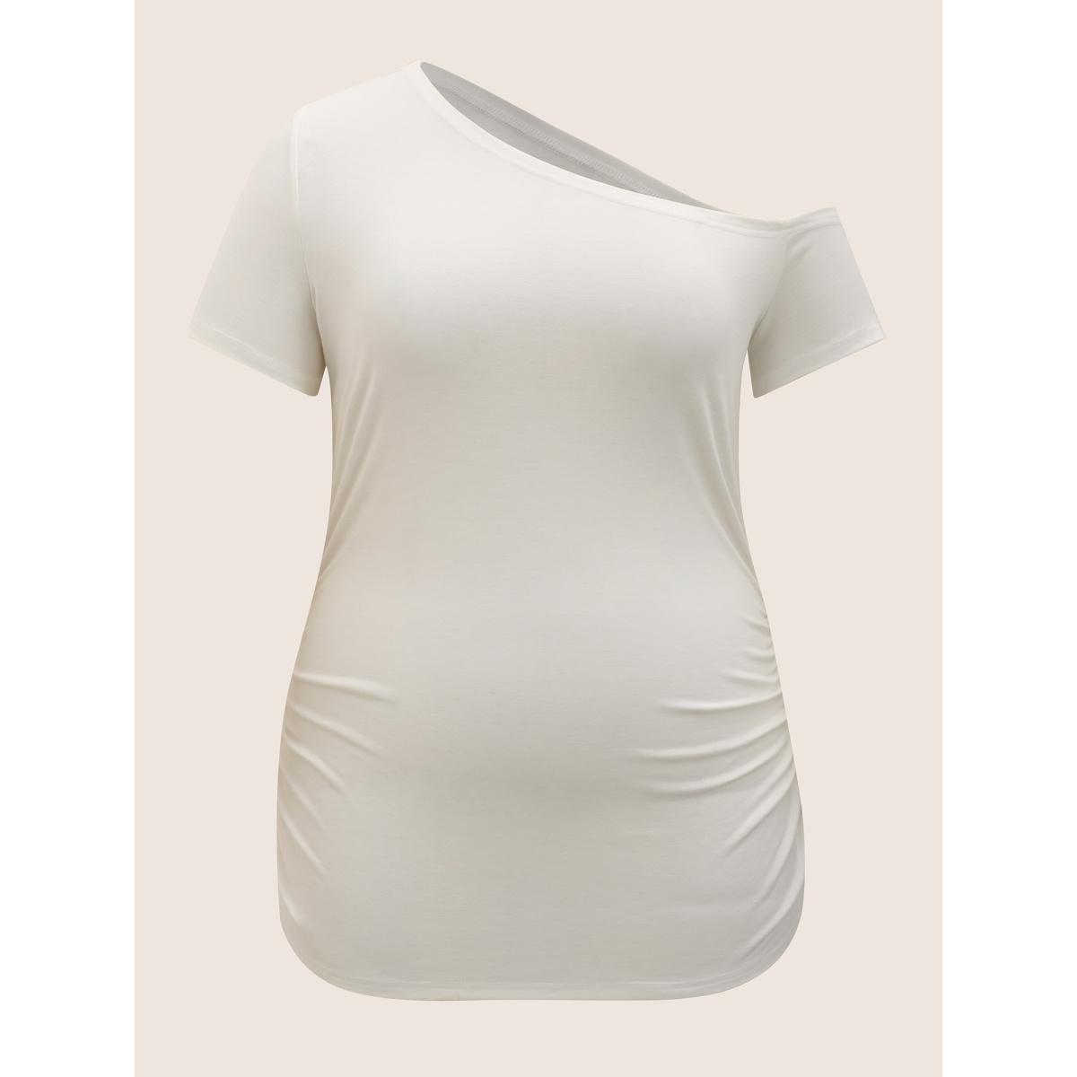 Plus Size One Shoulder Solid Gathered Knit T-shirt WhiteSmoke Women Elegant Gathered Asymmetrical Neck Bodycon Everyday T-shirts BloomChic 22-24/3X Product Image