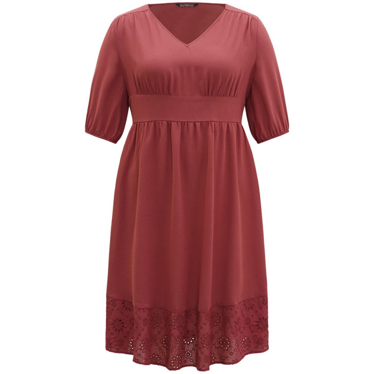 Plus Size Plain Elastic Cuffs Pocket Laser Cut Dress Russet Women Elegant Elastic cuffs V-neck Elbow-length sleeve Curvy Midi Dress BloomChic 26/4X Product Image