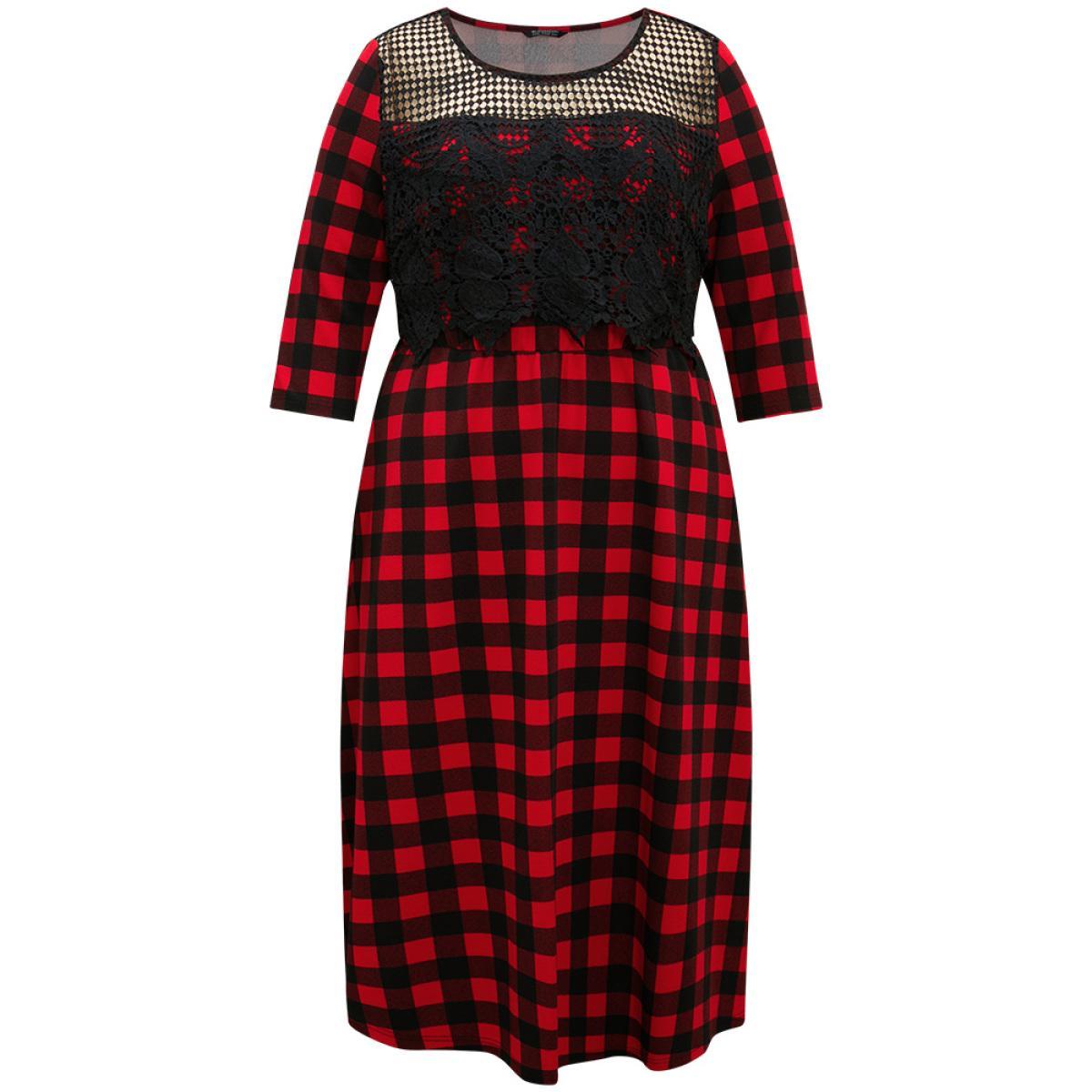 Plus Size Christmas Plaid Crochet Lace Mesh Cut Out Dress Raspberry Women Office See through Round Neck Elbow-length sleeve Curvy Midi Dress BloomChic 26/4X Product Image