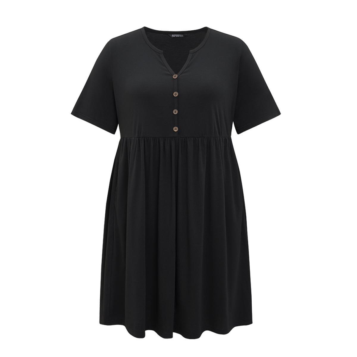 Plus Size Solid Notched Pocket Flutter Hem Dress Black Women Casual Elastic Waist Notched collar Short sleeve Curvy Midi Dress BloomChic 22-24/3X Product Image