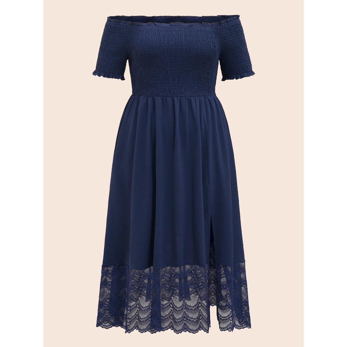 Plus Size Off Shoulder Shirred Lace Patchwork Dress Indigo Women Elegant Woven ribbon&lace trim One-shoulder neck Short sleeve Curvy BloomChic 14-16/1X Product Image