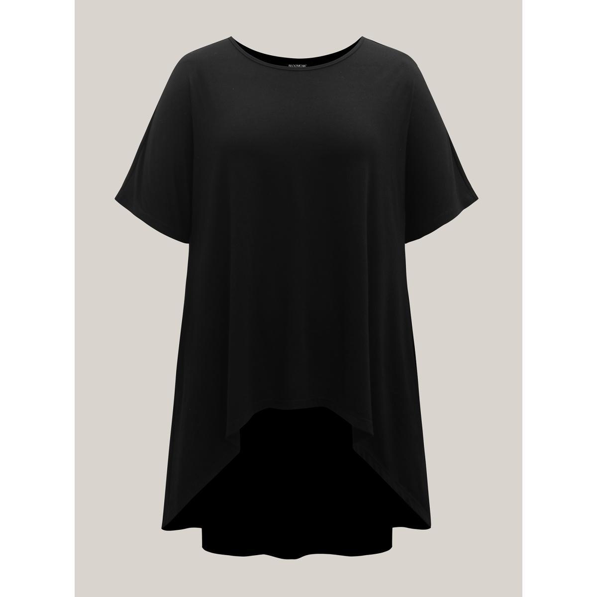 Plus Size Supersoft Stretchy High-Low Hem T-Shirt Black Women Non Round Neck Loose Everyday-Casual T-shirts BloomChic 22-24/3X Product Image