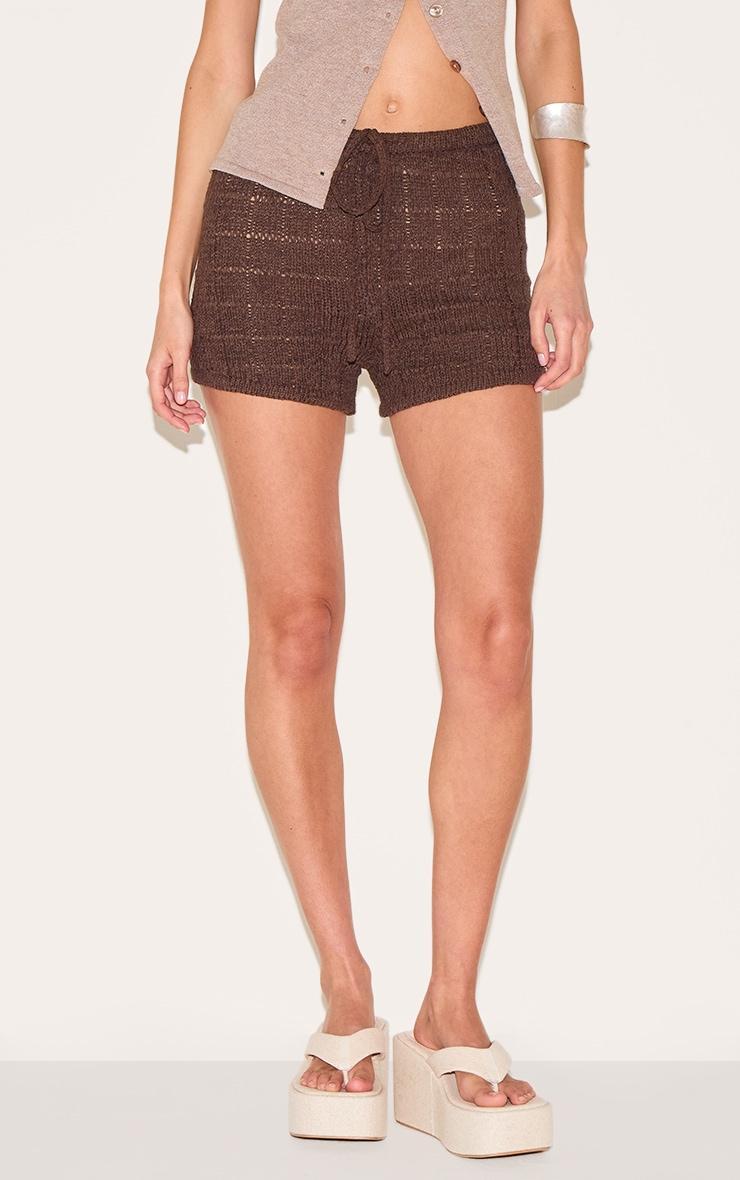 Chocolate Textured Filigree Knit Mini Shorts Product Image