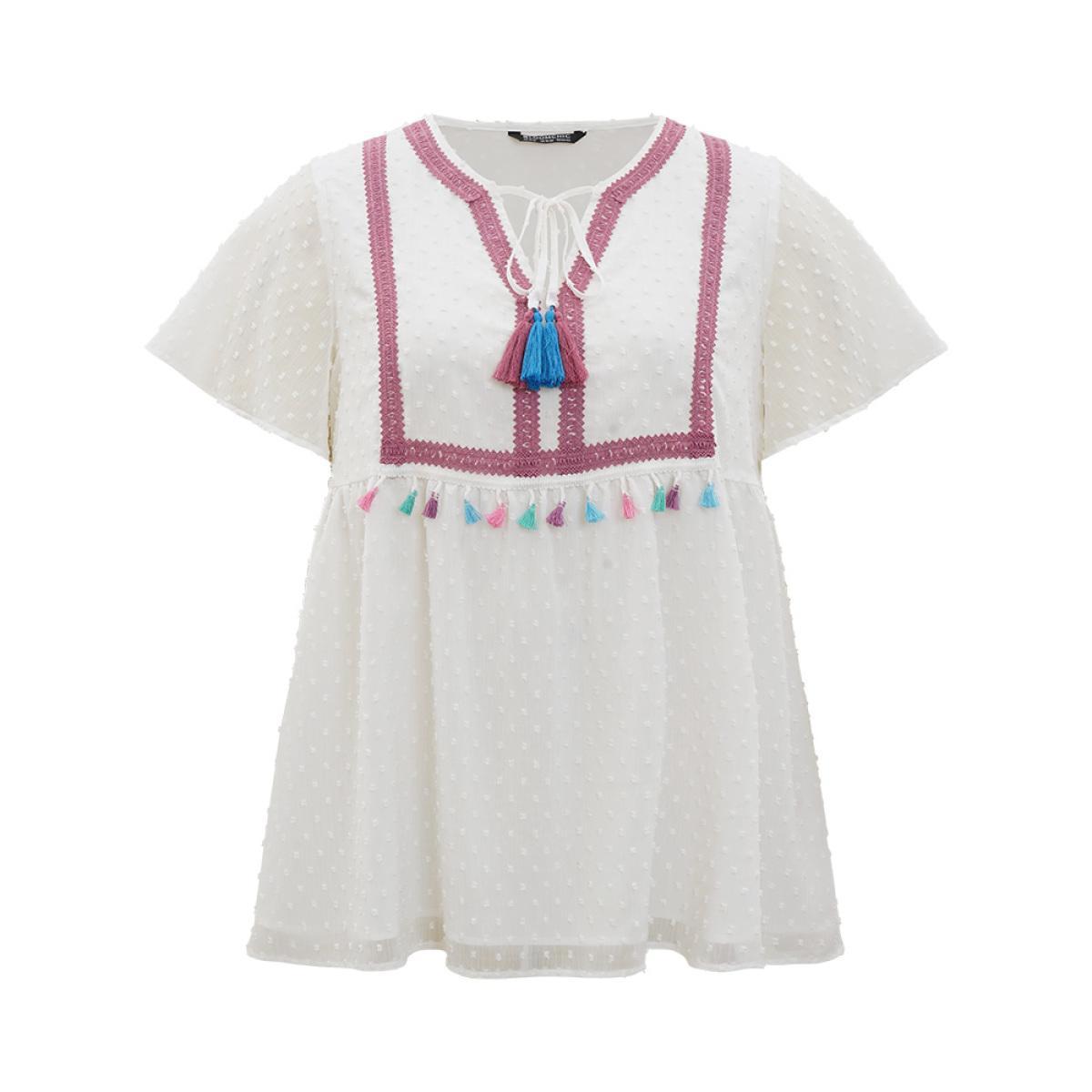 Plus Size White Polka Dot Tassels Ties Mesh Patchwork Contrast Blouse Women Vacation Short sleeve V-neck Dailywear Blouses BloomChic 30/6X Product Image