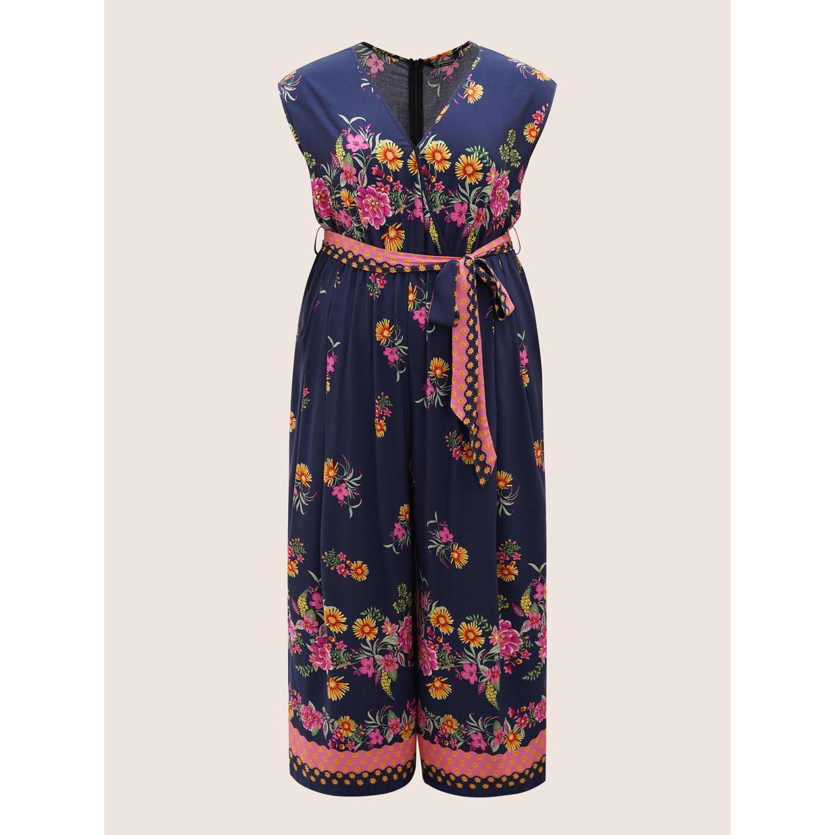 Plus Size Indigo Boho Print Overlap Collar Belted Sleeveless Jumpsuit Women Resort Cap Sleeve V-neck Vacation Loose Jumpsuits BloomChic 22-24/3X Product Image