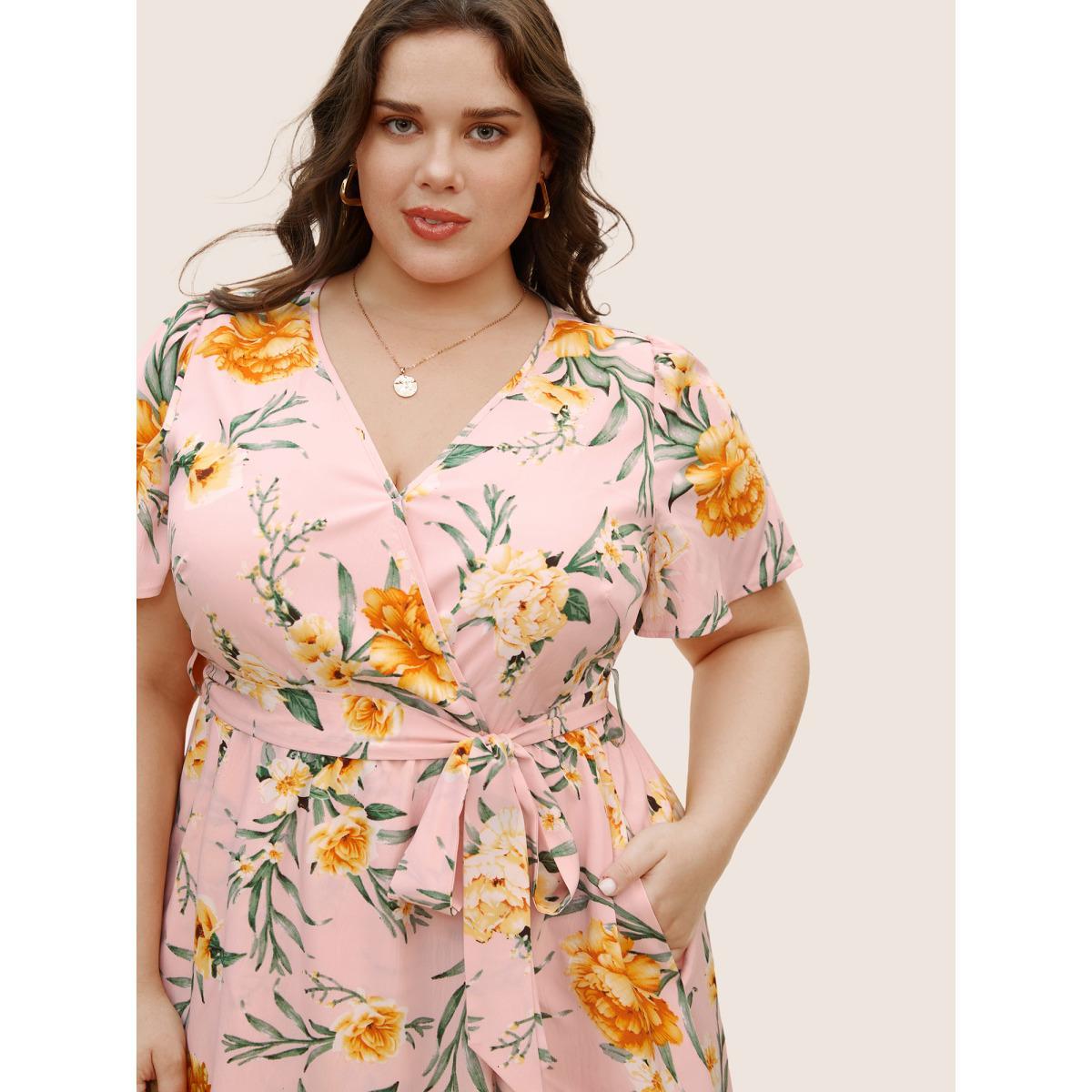 Plus Size Floral Surplice Neck Pocket Belted Dress Blush Women Elegant Tie knot V-neck Short sleeve Curvy BloomChic 18-20/2X Product Image
