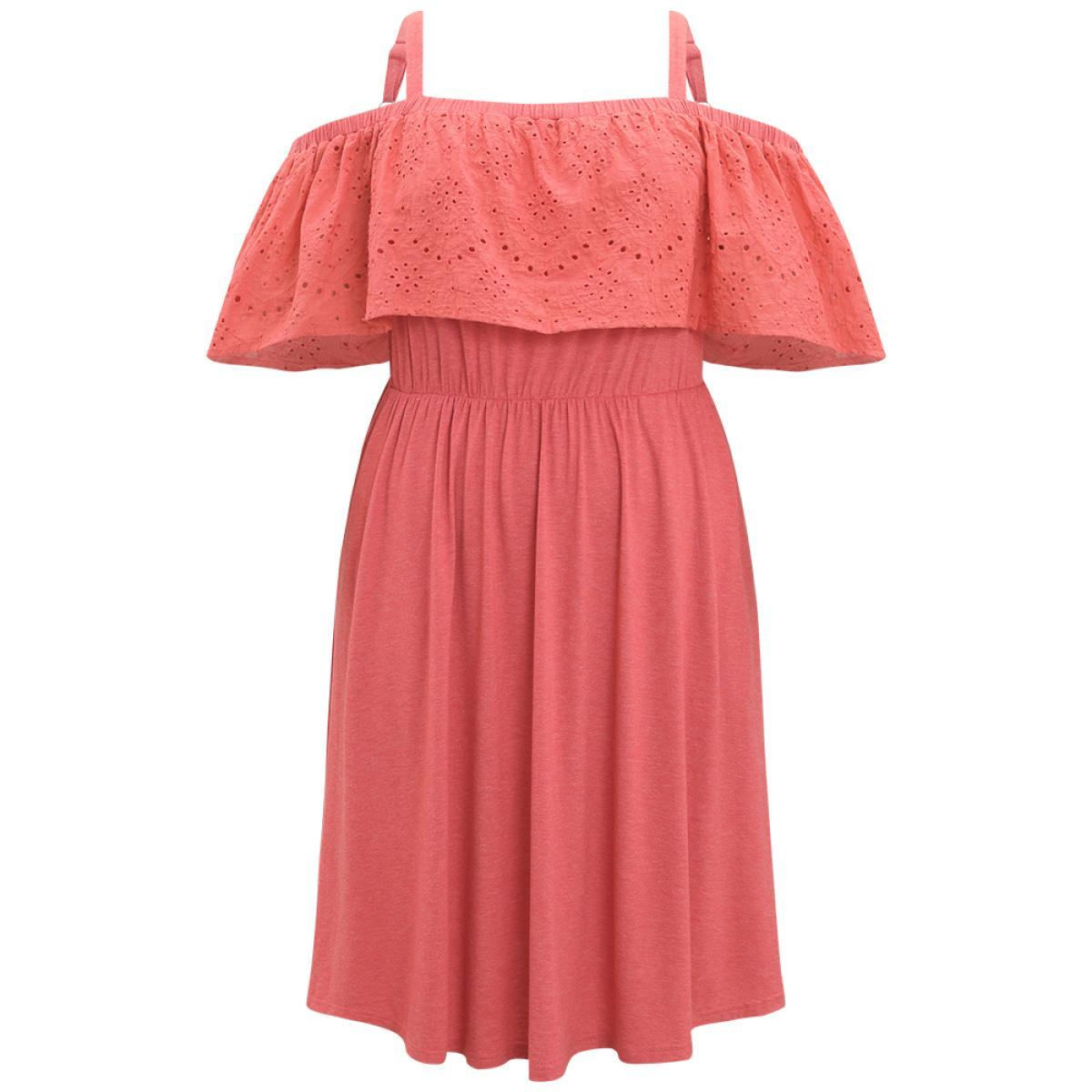 Plus Size Supersoft Essentials Cold Shoulder Broderie Anglaise Layered Dress OrangeRed Women Casual Adjustable Straps Cold Shoulder Short sleeve Curvy Midi Dress BloomChic 14-16/1X Product Image