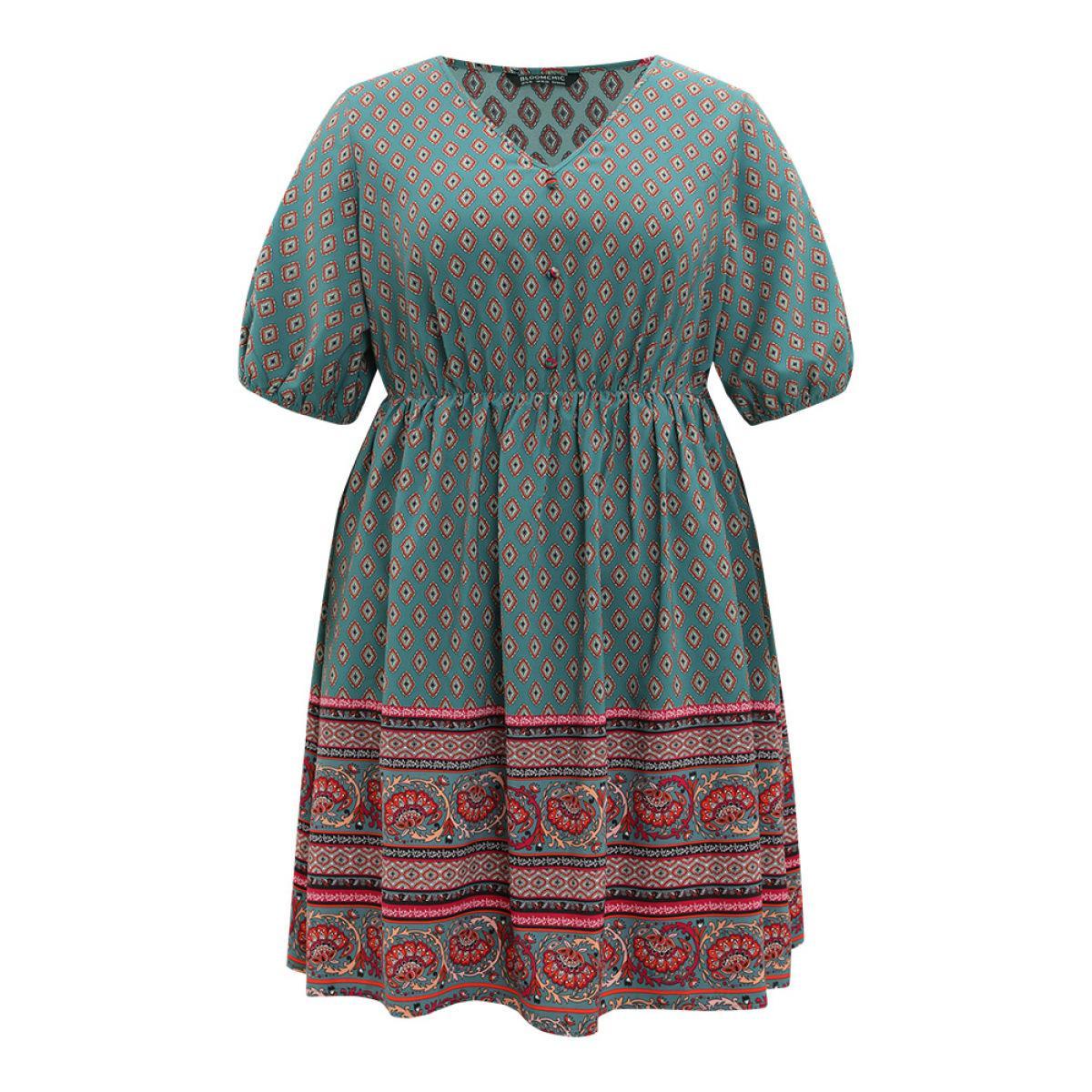 Plus Size Boho Print V Neck Pocket Lantern Sleeve Dress Teal Women Vacation Patchwork V-neck Half Sleeve Curvy Knee Dress BloomChic 14-16/1X Product Image