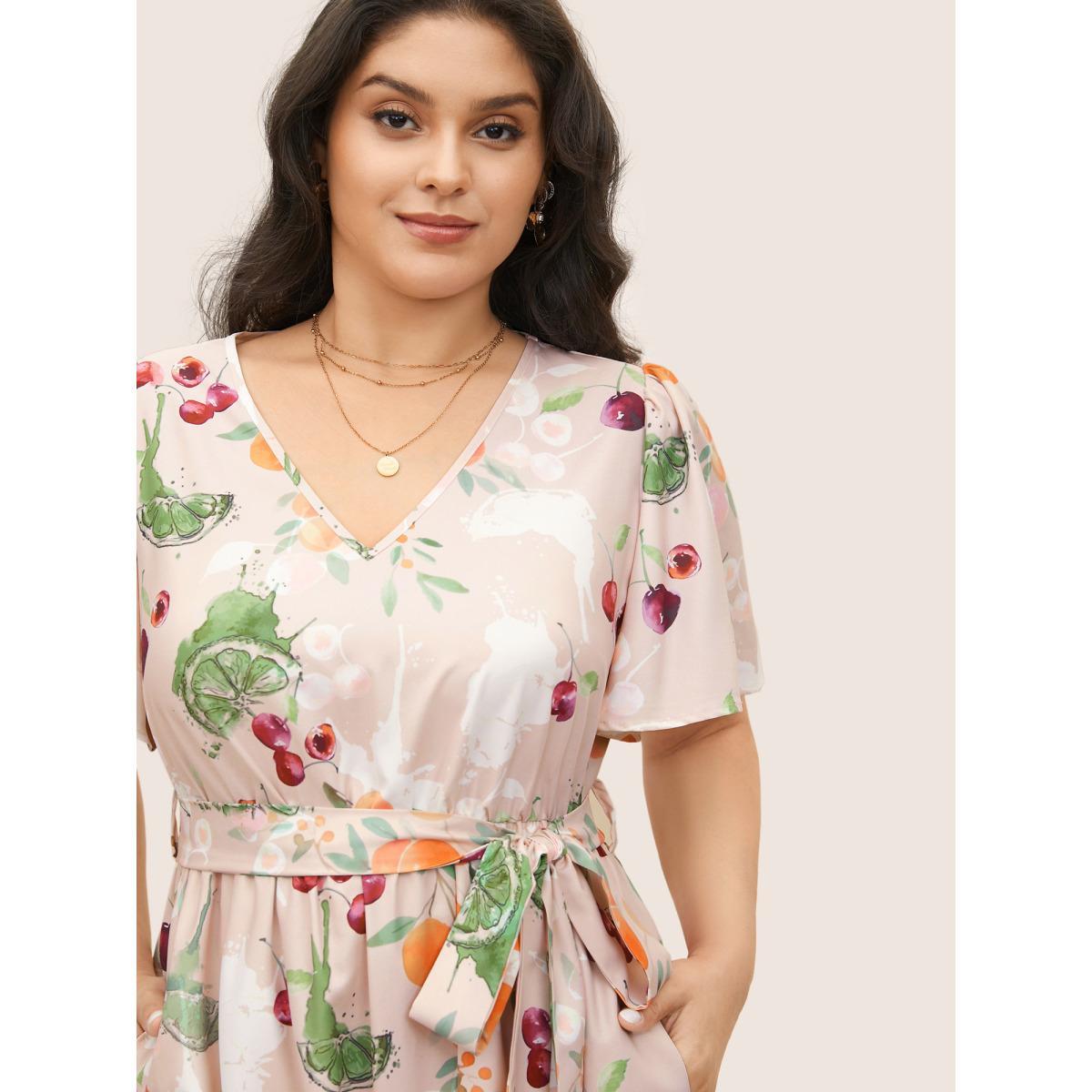 Plus Size Citrus Fruits Print Elastic Waist Belted Pocket Dress Apricot Women Elegant Non V-neck Short sleeve Curvy Midi Dress BloomChic 26/4X Product Image