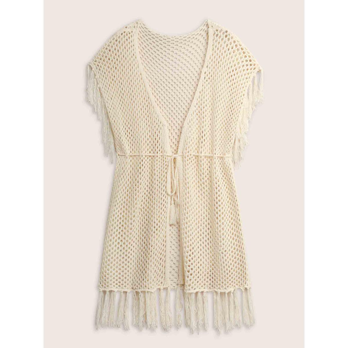 Plus Size Solid Cut Out Drawstring Tassel Trim Swim Cover Up Women's Swimwear Ivory Beach Tassels Curve Swim Cover Ups BloomChic 18-20/2X Product Image