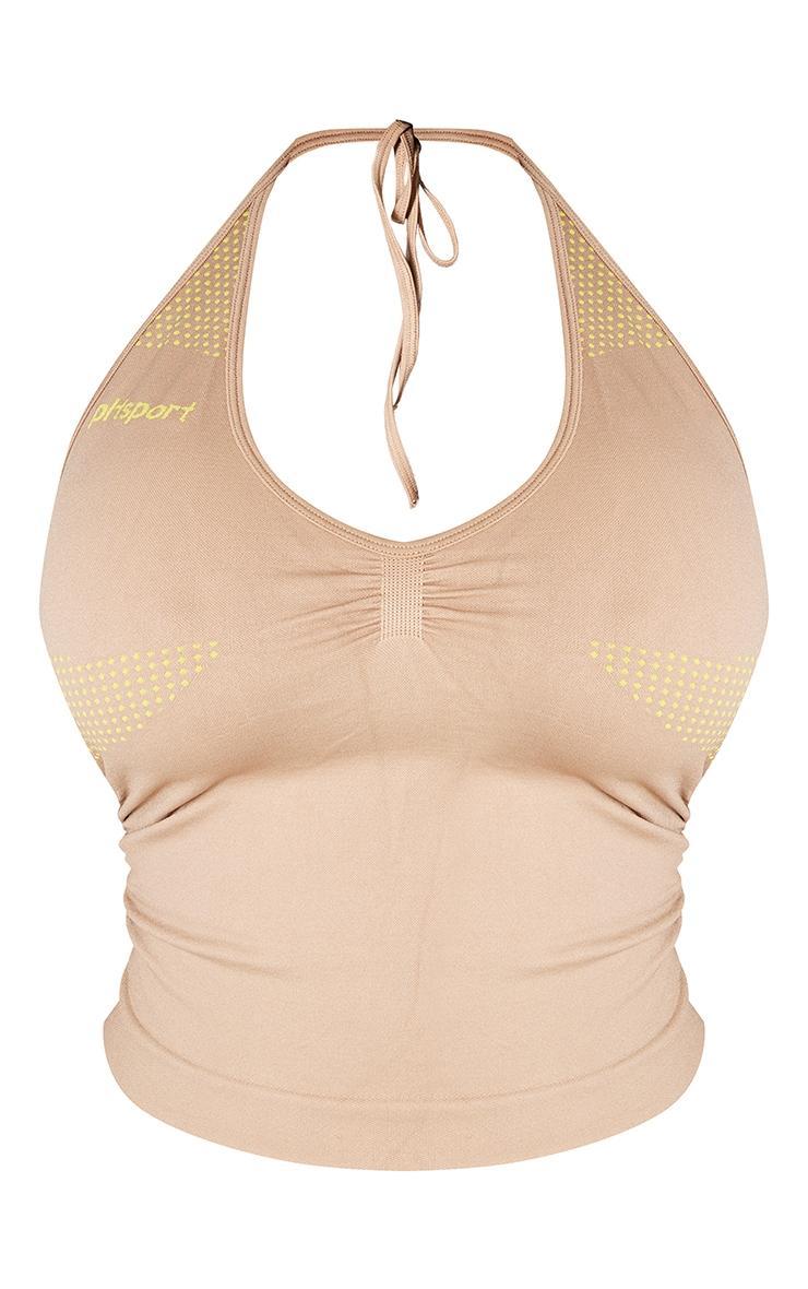 PLT SPORT Plus Light Mocha Seamless Contrast Branding Halterneck Top Product Image