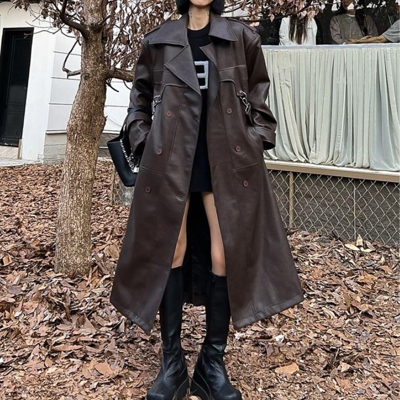 Lapel Collar Faux Leather Long Trench Coat Product Image