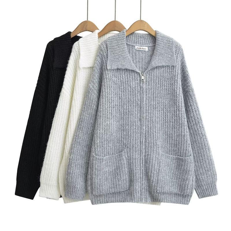 Collared Plain Zip Cardigan Product Image