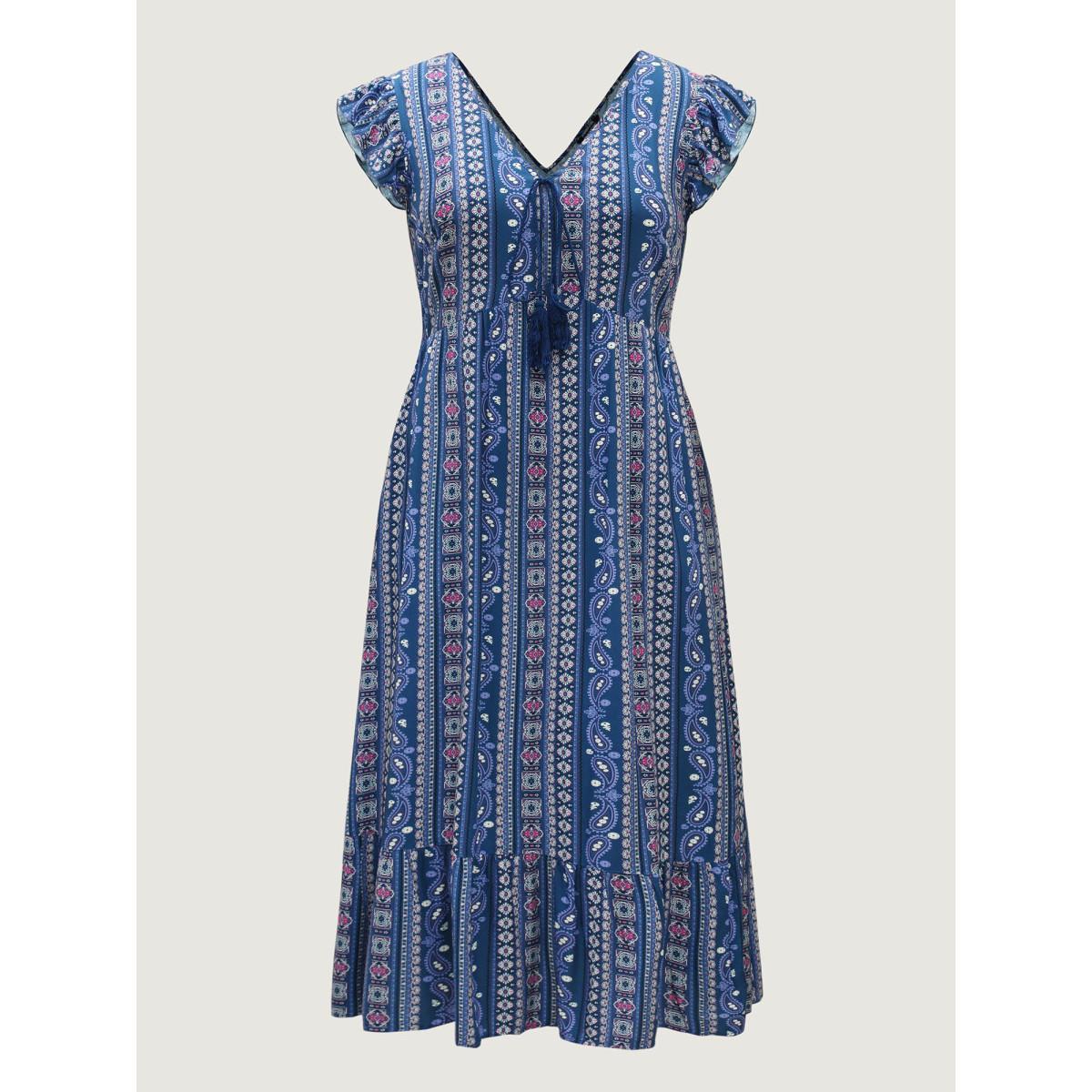 Plus Size Boho Stripes High Waisted Midi Dress DarkBlue Women V-neck Sleeveless Curvy BloomChic 26/4X Product Image