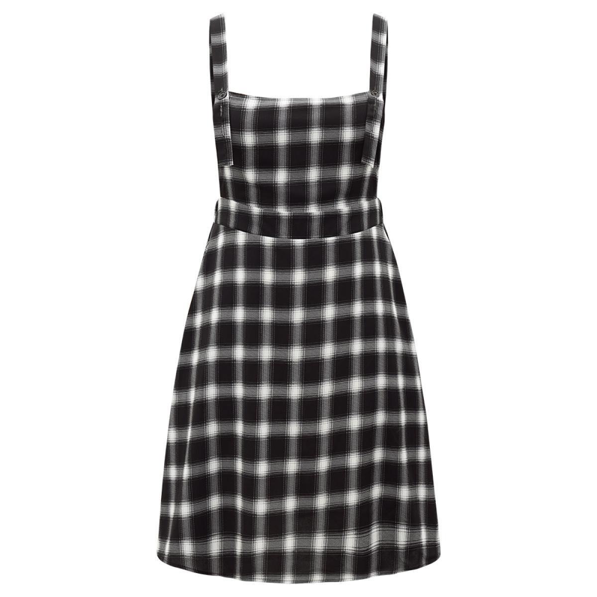Plus Size Plaid Pocket Elastic Waist Overall Cami Dress Black Women Casual Adjustable Straps Spaghetti Strap Sleeveless Curvy Knee Dress BloomChic 12/L Product Image