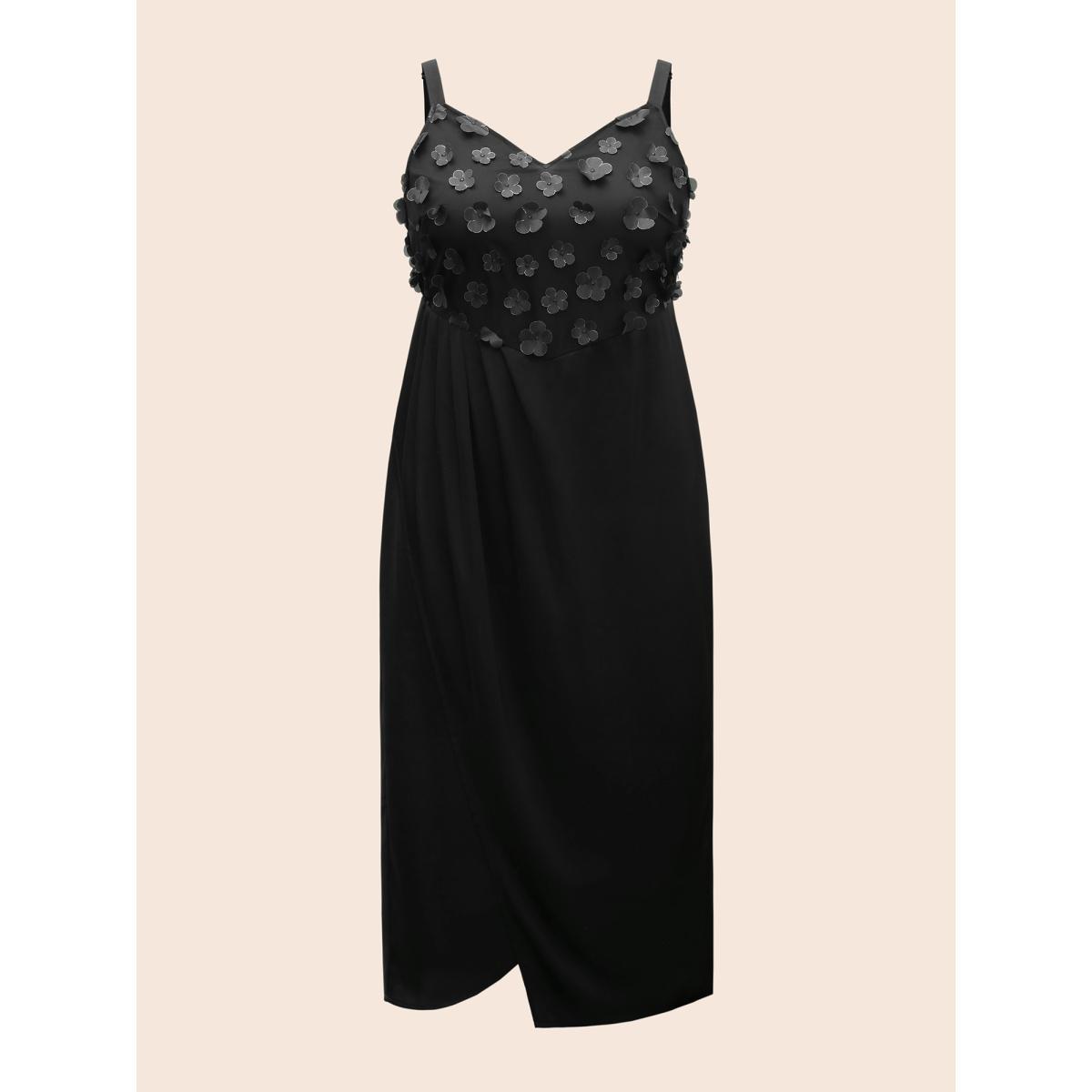 Plus Size Stereo Flower Design Split Hem Dress Black Women Cocktail Texture V-neck Sleeveless Curvy BloomChic 30/6X Product Image