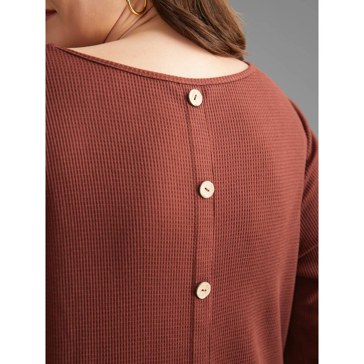 Plus Size Waffle Knit Button Detail Arc Hem T-shirt Rust Women Casual Texture Round Neck Everyday T-shirts BloomChic 30/6X Product Image