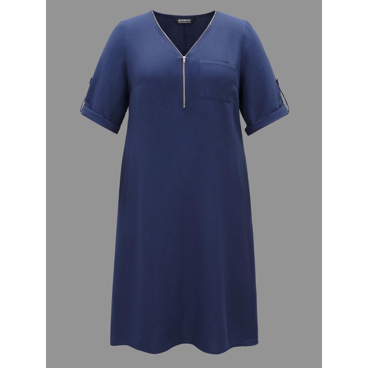 Plus Size Solid Half Zip Tab Sleeve Dress Navy Women At the Office Non V-neck Elbow-length sleeve Curvy BloomChic 30/6X Product Image