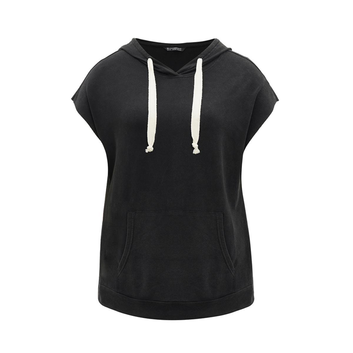 Plus Size Hooded Ties Pocket Batwing Sleeve T-shirt Black Women Casual Cross straps Plain Hooded Dailywear T-shirts BloomChic 14-16/1X Product Image