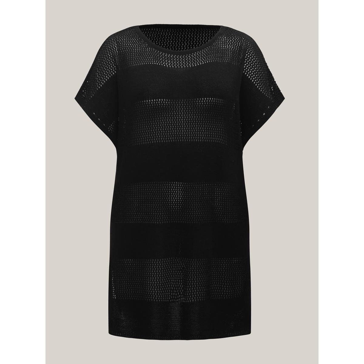 Plus Size One-Sided Drawstring Hollow Knit Swim Cover-Up Women's Swimwear Black Beach Loose Cut-Out Curve Swim Cover Ups BloomChic 10/M Product Image