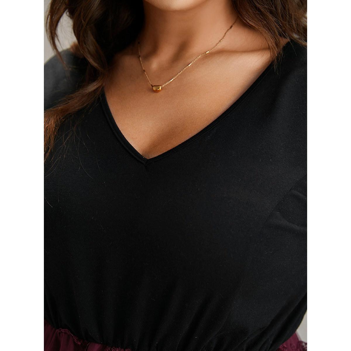 Plus Size Butterfly Graphic Patchwork Mesh Dress Burgundy Women Glamour See through V-neck Long Sleeve Curvy Midi Dress BloomChic 22-24/3X Product Image