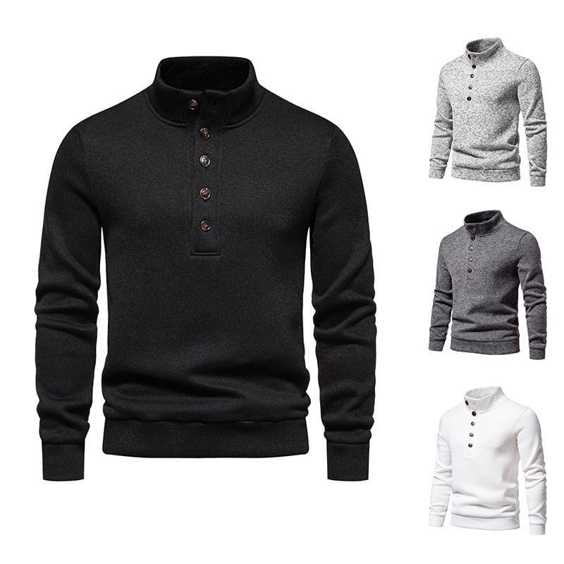 Long-Sleeve Stand Collar Henley Plain Knit Top Product Image
