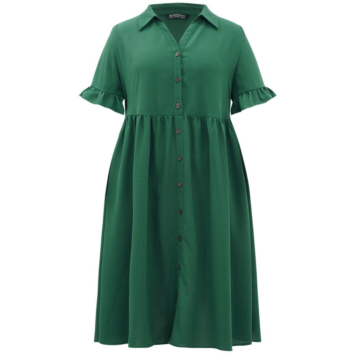 Plus Size Plain Ruffles Pocket Button Up Pleated Frill Trim Dress Emerald Women Casual Plain Lapel Collar Short sleeve Curvy Midi Dress BloomChic 14-16/1X Product Image