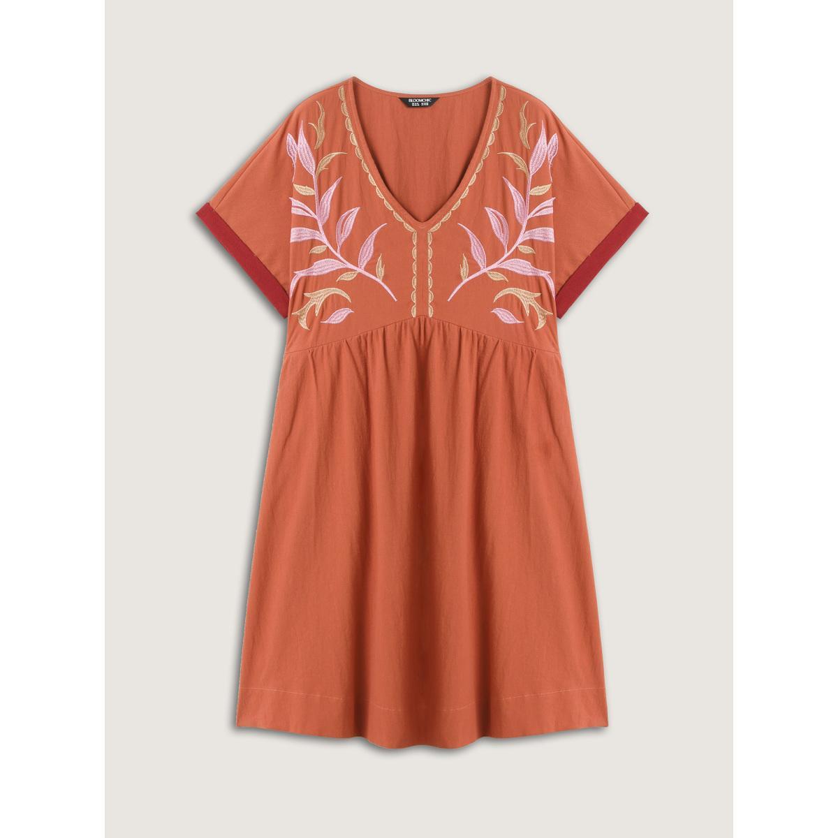 Plus Size Cotton Leafy Embroidery Color Contrast Midi Dress OrangeRed Women V-neck Short sleeve Curvy BloomChic 18-20/2X Product Image