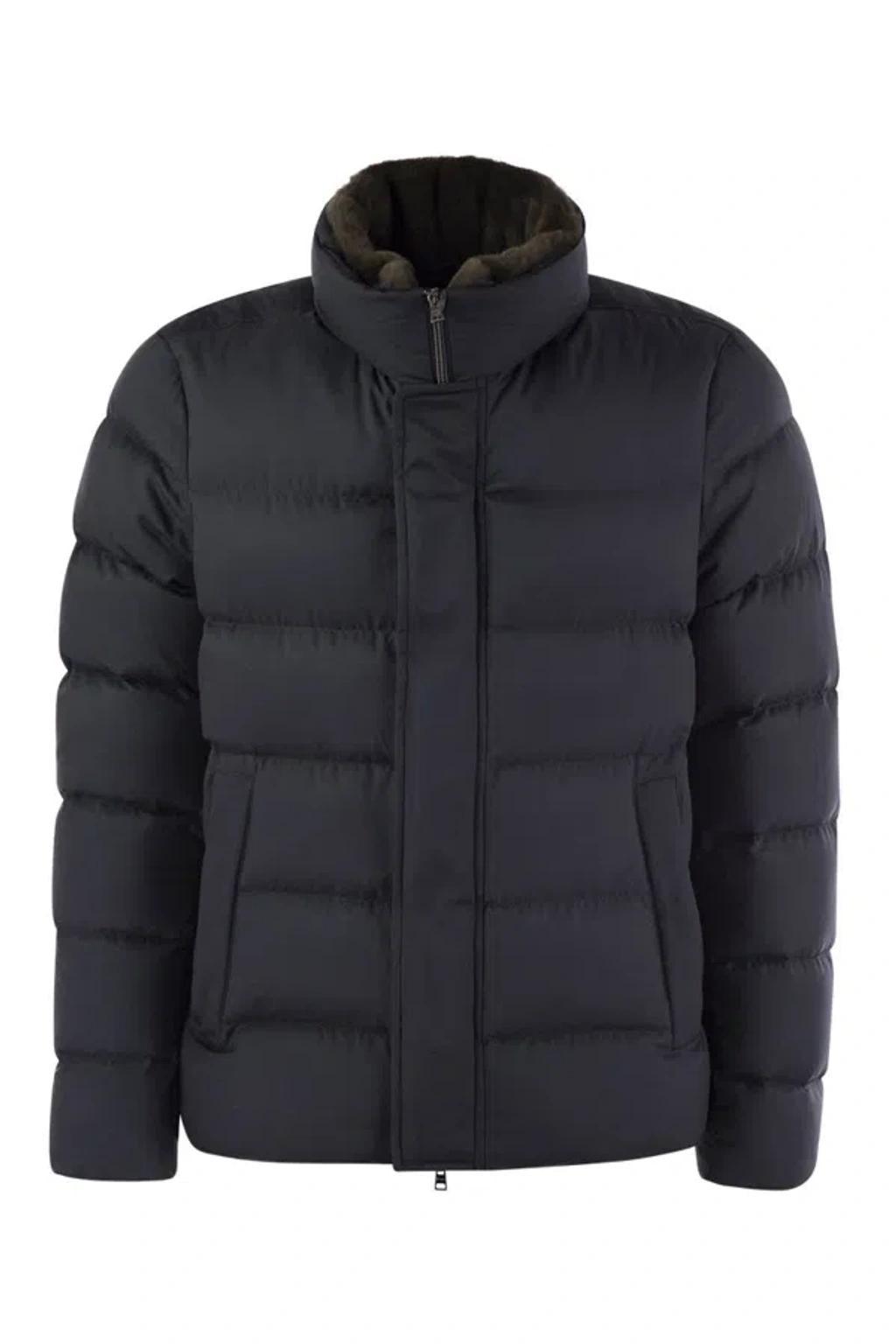HERNO Short Down Jacket With Detachable Fur Insert In Blue Product Image