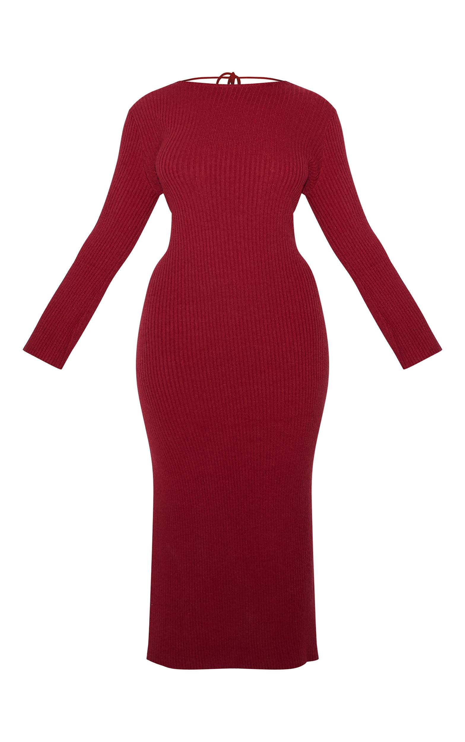 Plus Burgundy Rib Knit Low Back Long Sleeve Maxi Dress Product Image