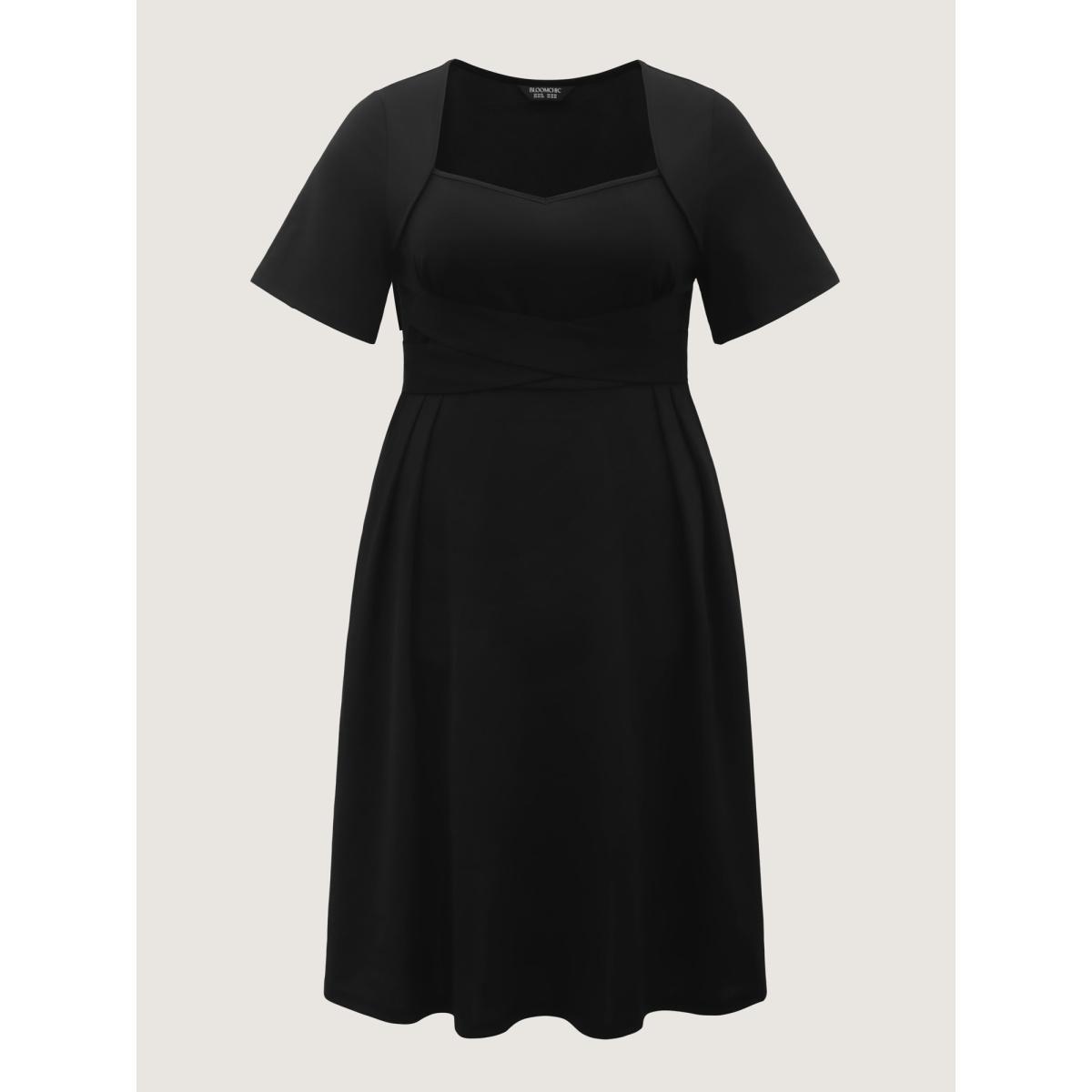 Plus Size Super Stretchy Overlap Waist Midi Dress Black Women Tie knot Heart neckline Short sleeve Curvy BloomChic 12/L Product Image