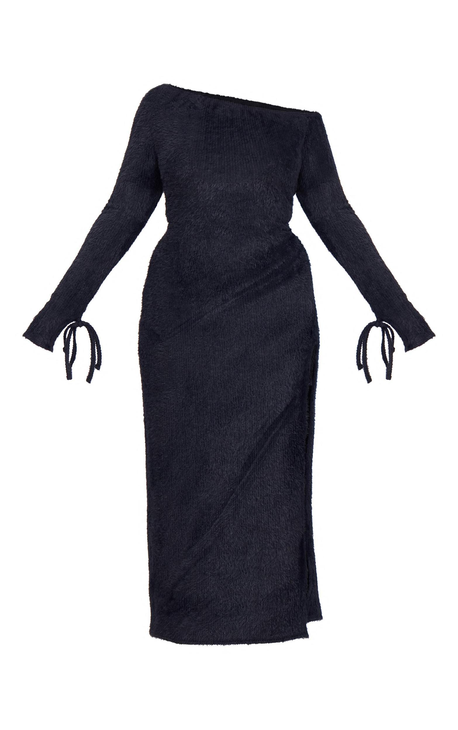Plus Black Fluffy One Shoulder Maxi Dress Product Image