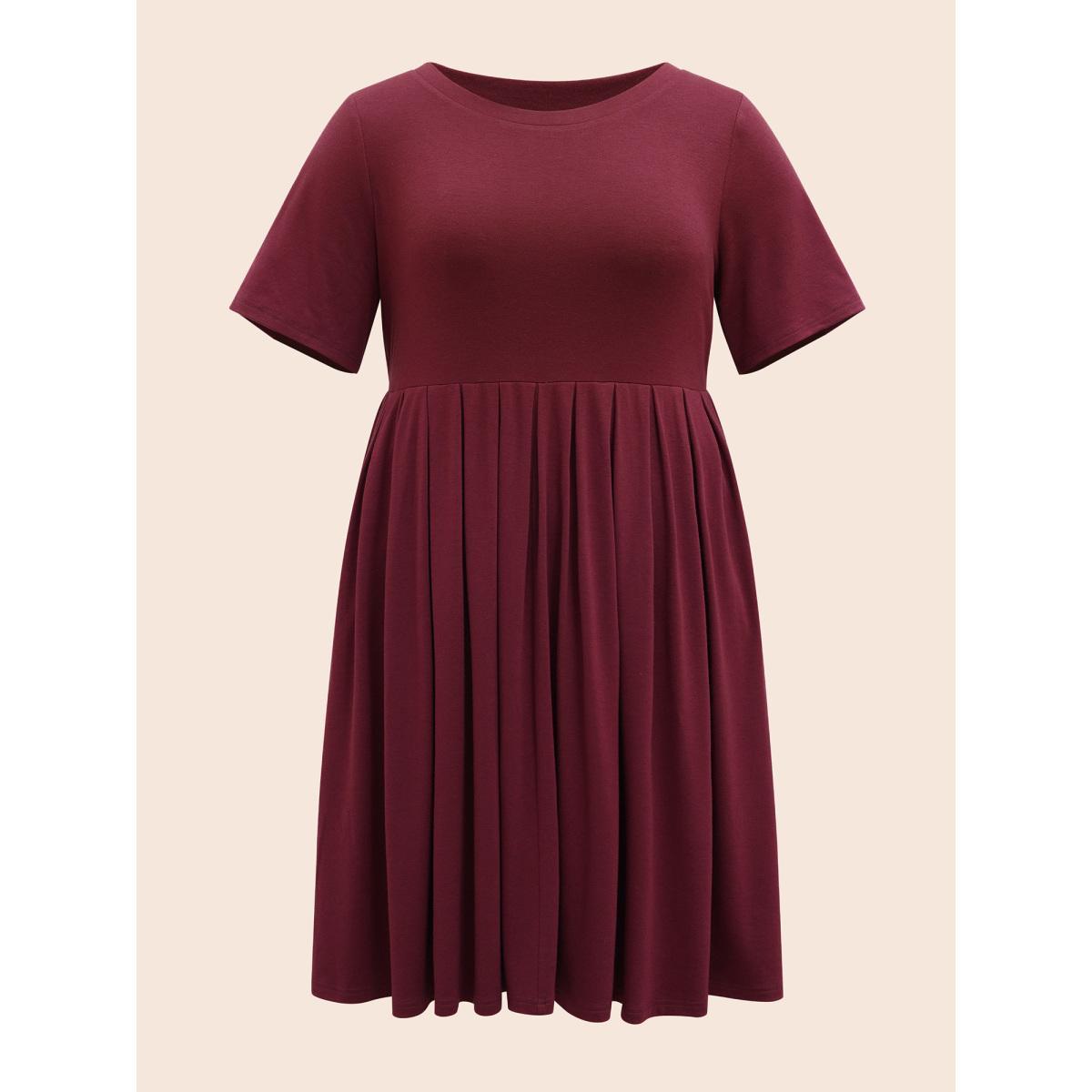 Plus Size Supersoft Essentials Solid Pleated Round Neck Midi Dress Burgundy Women Casual Plain Round Neck Short sleeve Curvy Midi Dress BloomChic 14-16/1X Product Image