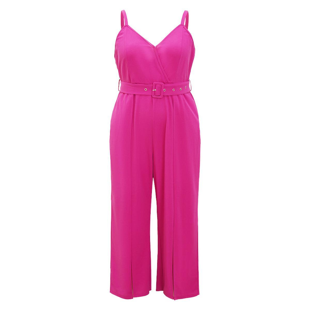 Plus Size Magenta Plain Pocket Wrap Buckle Belt Jumpsuit Women Glamour Sleeveless Spaghetti Strap Going out Loose Jumpsuits BloomChic 18-20/2X Product Image