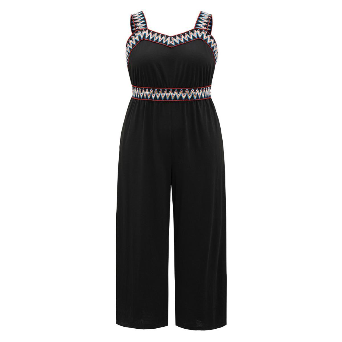 Plus Size Black Contrast Trim Pocket Patchwork Cami Jumpsuit Women Casual Sleeveless Spaghetti Strap Dailywear Loose Jumpsuits BloomChic 26/4X Product Image