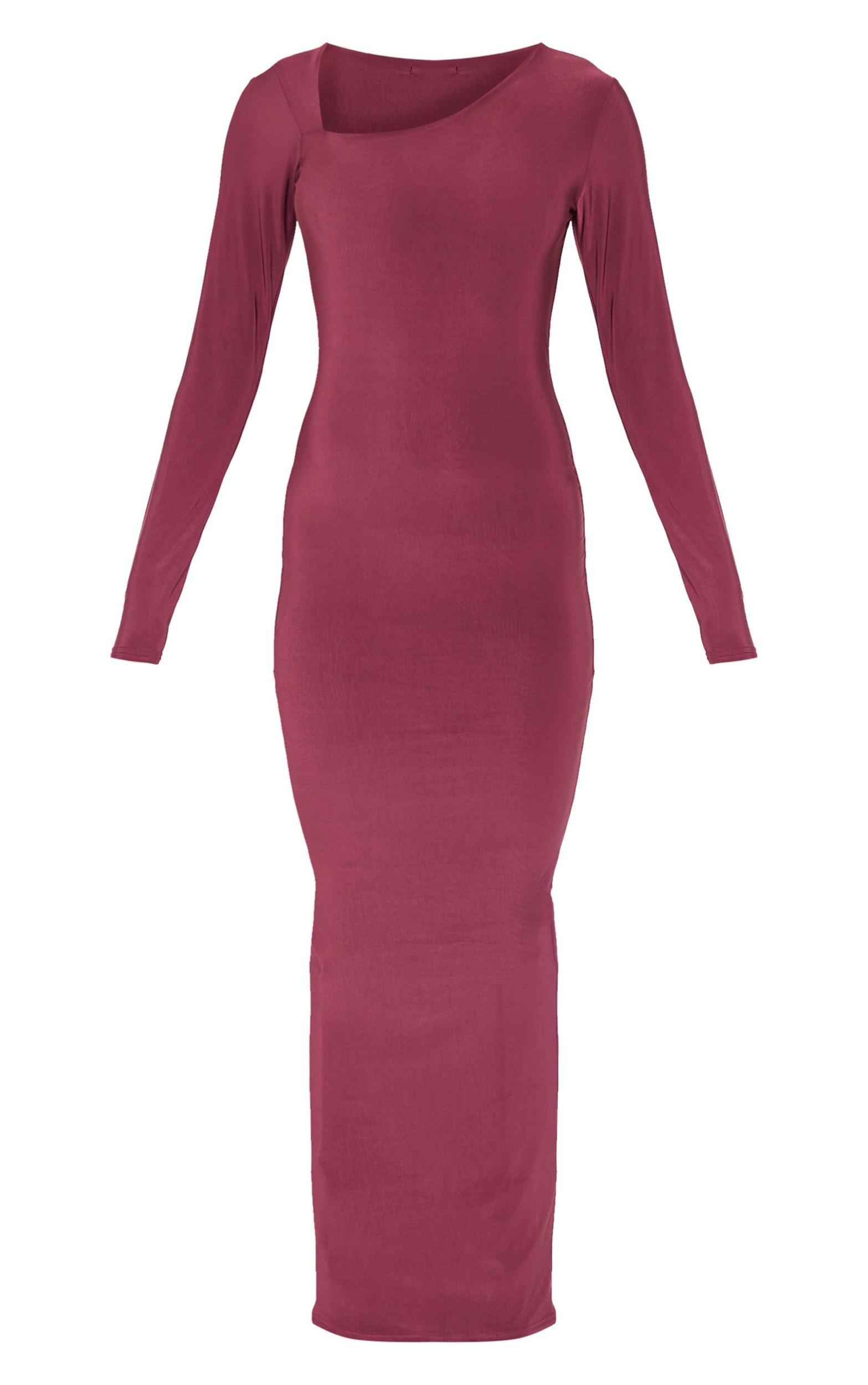 Burgundy Double Slinky Asymmetric Neckline Long Sleeve Maxi Dress Product Image