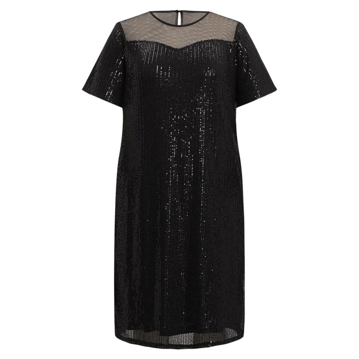 Plus Size Sequin Mesh Insert Crew Neck Pocket Keyhole Midi Dress Black Women Elegant See through Round Neck Short sleeve Curvy Midi Dress BloomChic 30/6X Product Image