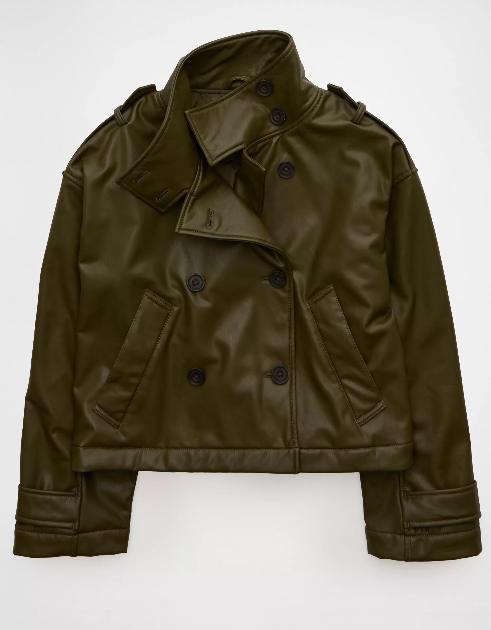 AE Faux Leather Cropped Trench Jacket Product Image