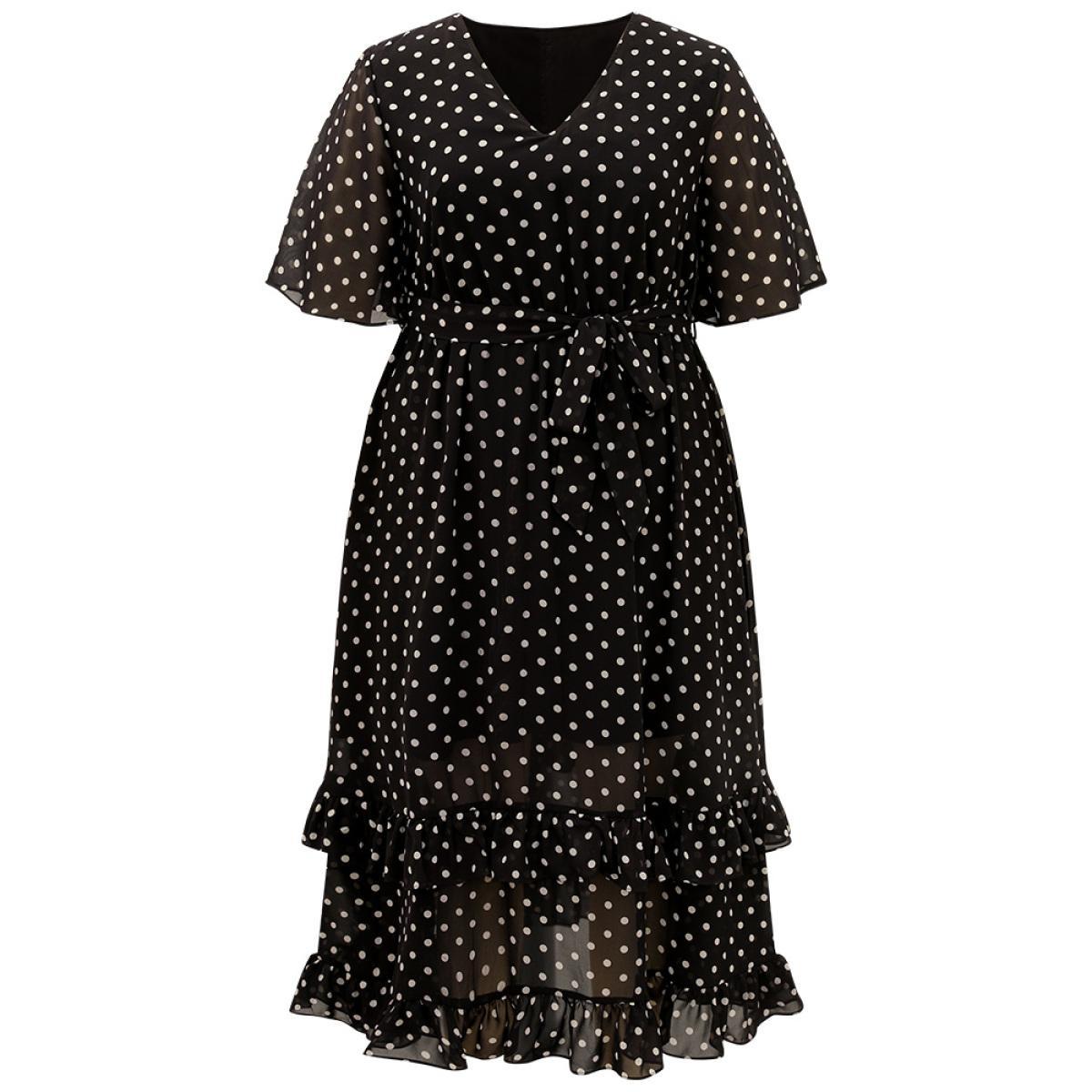 Plus Size Polka Dot Ruffles Pocket V Neck Mesh Belted Dress Black Women Elegant Lined V-neck Short sleeve Curvy Midi Dress BloomChic 28/5X Product Image