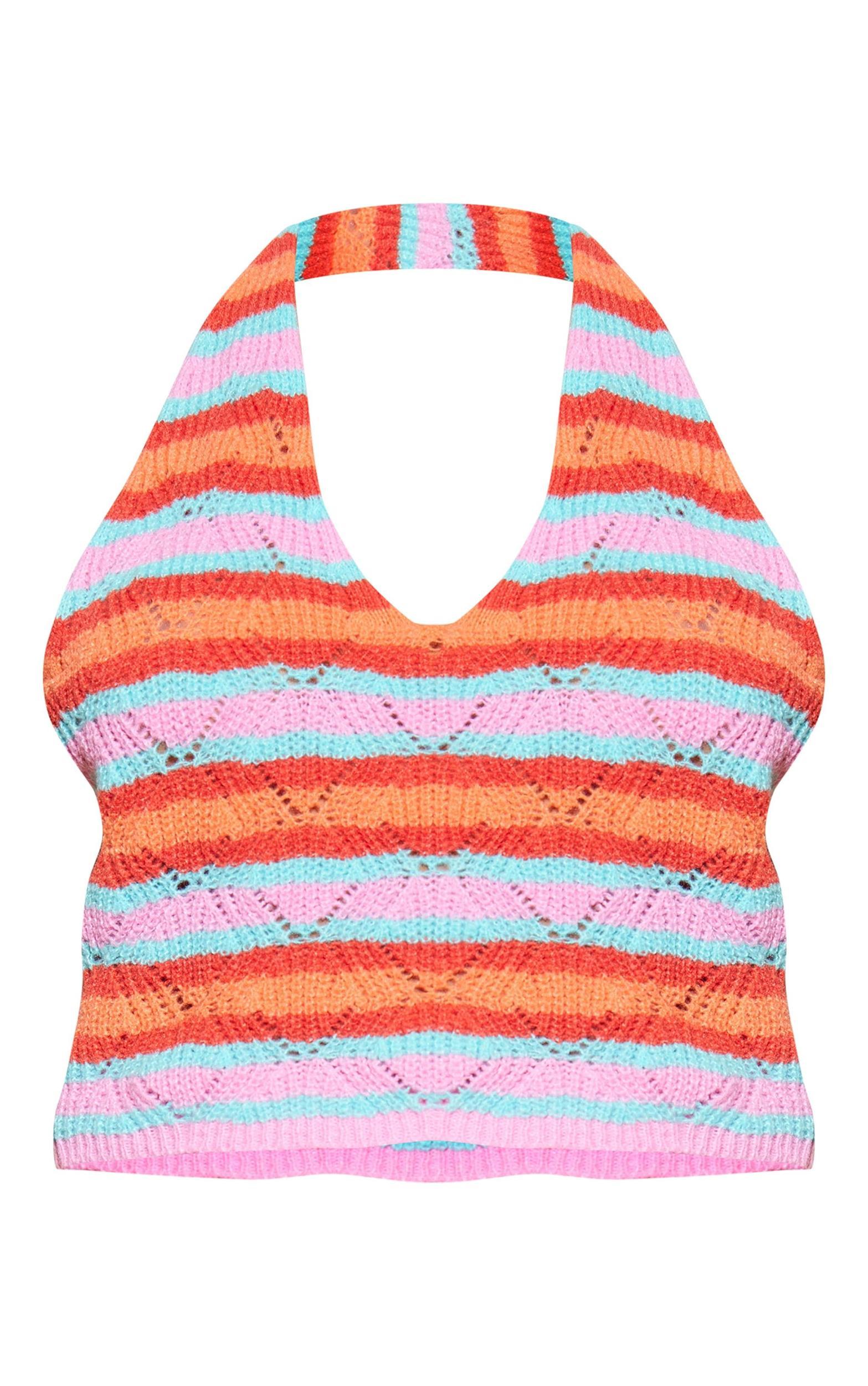 Pink Stripe Soft Knit Tie Neck Crop Top Product Image