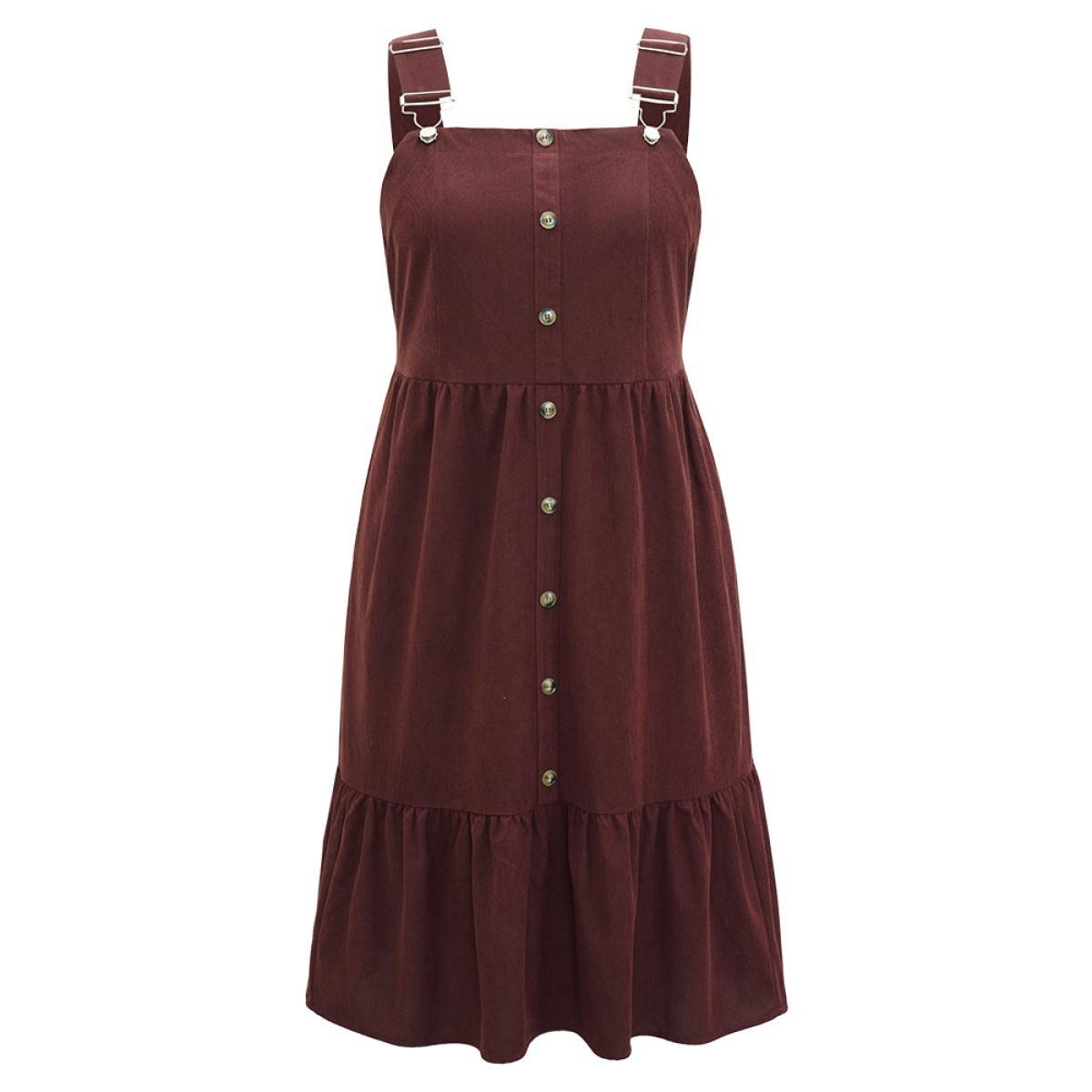 Plus Size Corduroy Button Detail Ruffles Adjustable Straps Dress Chocolate Women Casual Adjustable Straps Spaghetti Strap Sleeveless Curvy Midi Dress BloomChic 22-24/3X Product Image