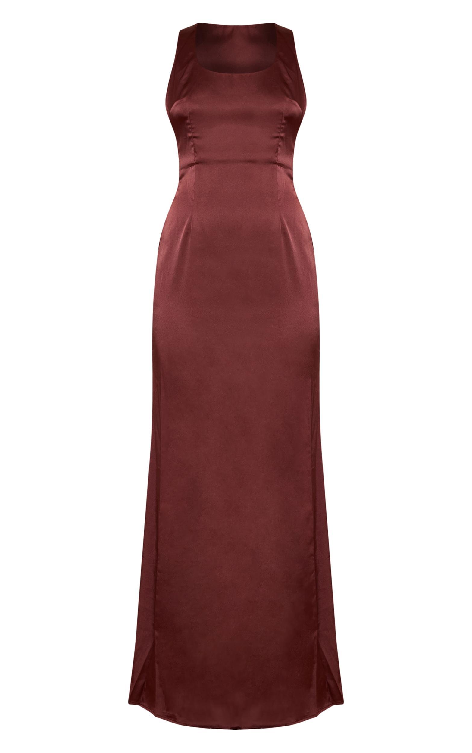 Chocolate Satin Cross Back Midaxi Dress Product Image