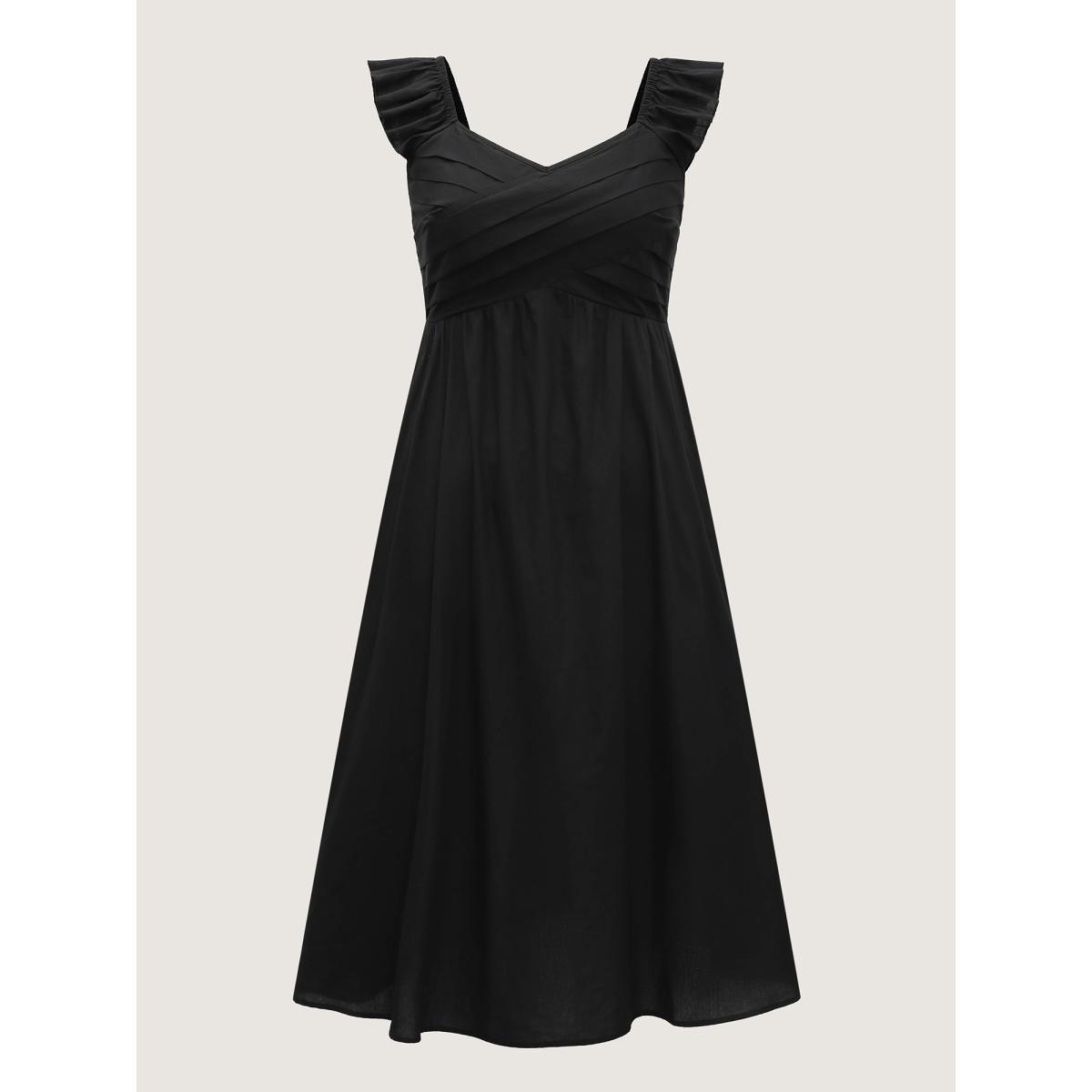 Plus Size Cotton Pleated Overlap Pockets Midi Dress Black Women Heart neckline Cap Sleeve Curvy BloomChic 14-16/1X Product Image