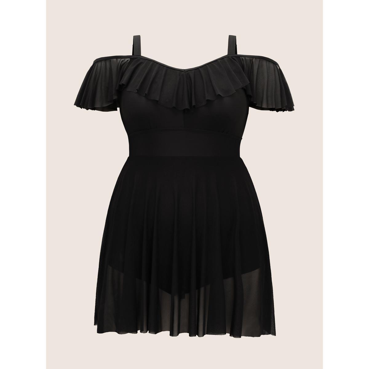 Plus Size Solid Ruffle Trim Patchwork Mesh Swim Dress Women's Swimwear Black Beach Bodycon Heart neckline High stretch Curve Swim Dresses BloomChic 14-16/1X Product Image