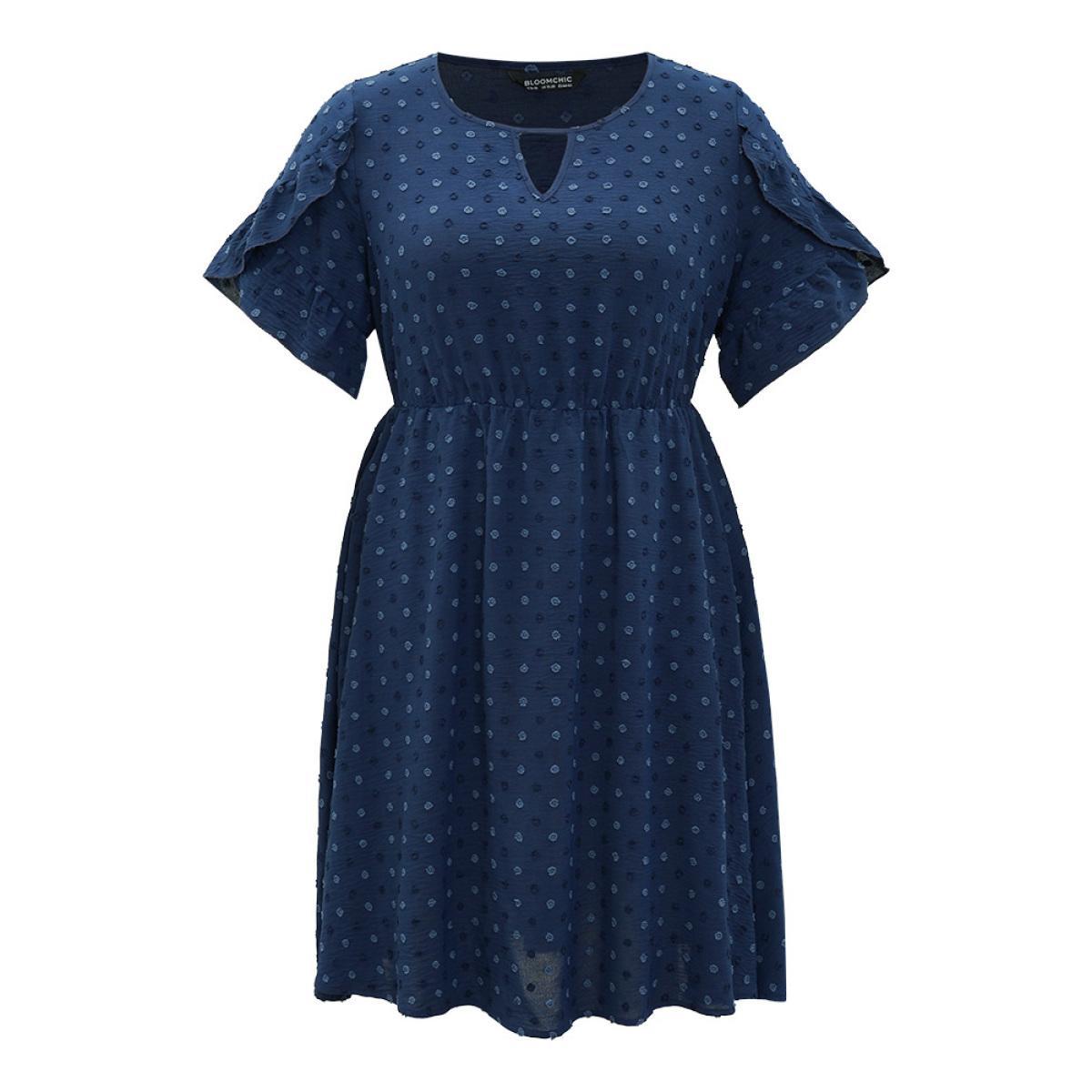 Plus Size Polka Dot Pocket Cut Out Petal Sleeve Dress DarkBlue Women Office Plain Round Neck Short sleeve Curvy Midi Dress BloomChic 22-24/3X Product Image