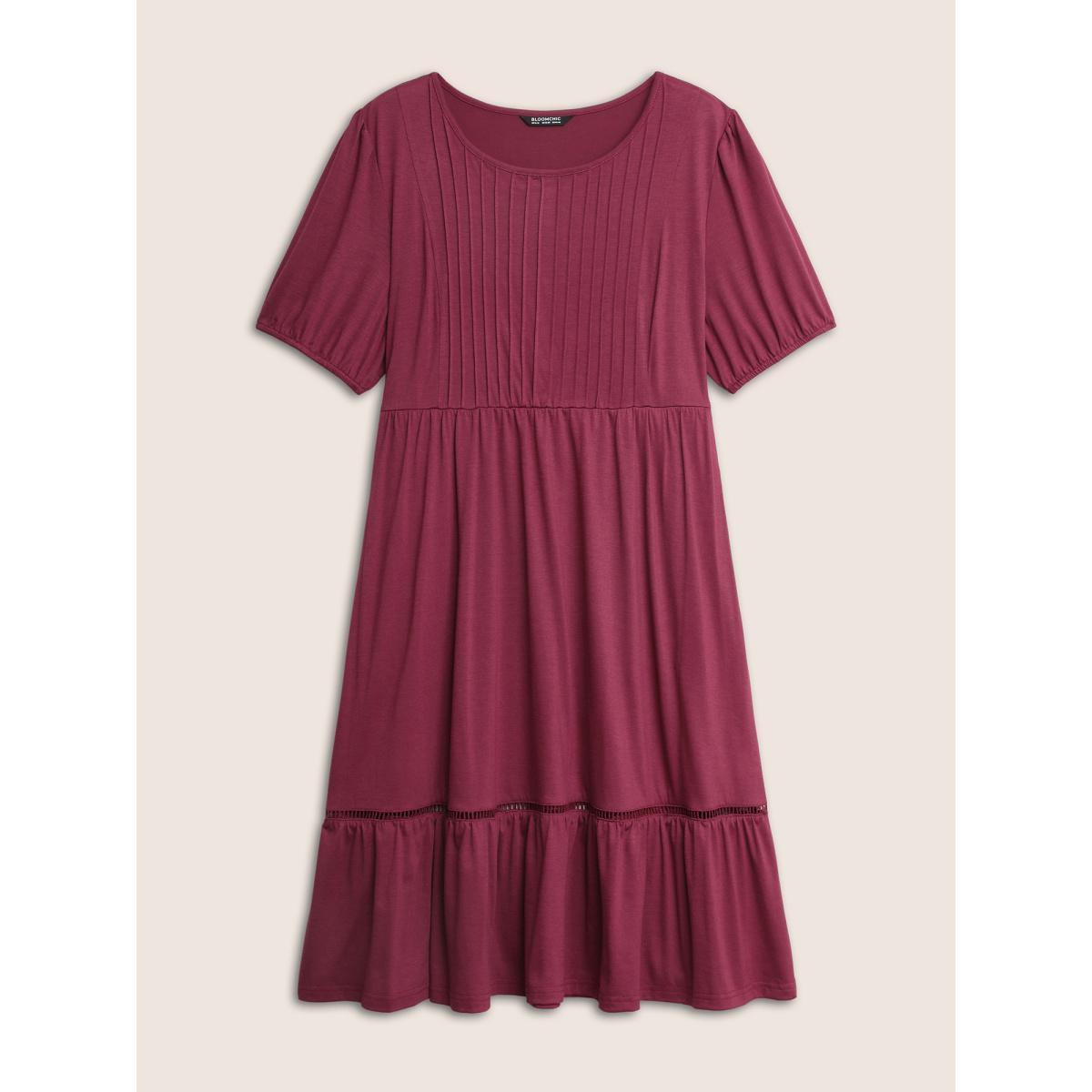 Plus Size Supersoft Essentials Plain Pleated Patchwork Ruffle Hem Dress RedViolet Women Casual Non Round Neck Short sleeve Curvy Midi Dress BloomChic 14-16/1X Product Image