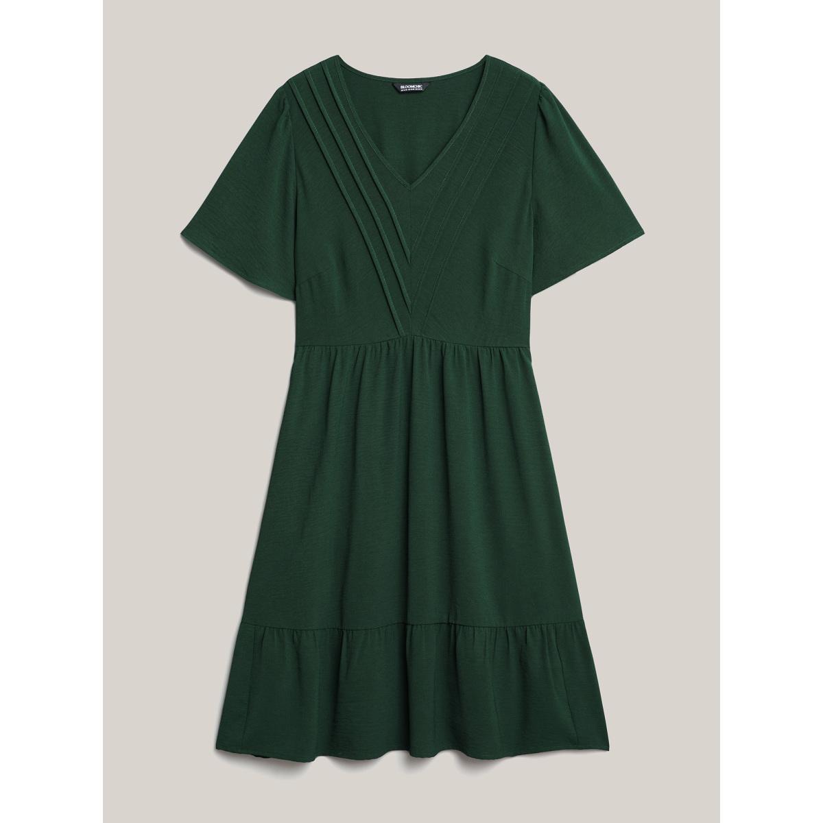 Plus Size Bib-Front V-Neck Pockets Tiered Midi Dress DarkGreen Women Elegant Tucked seam V-neck Short sleeve Curvy BloomChic 26/4X Product Image